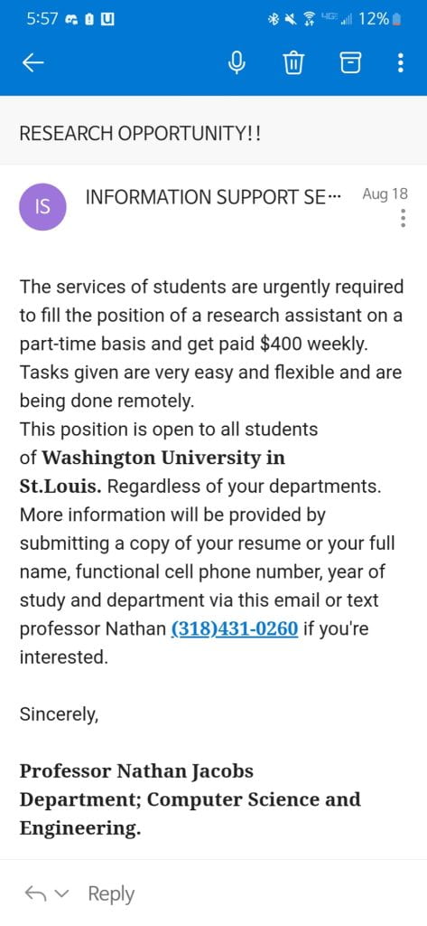 Example of scam impersonating WashU professor