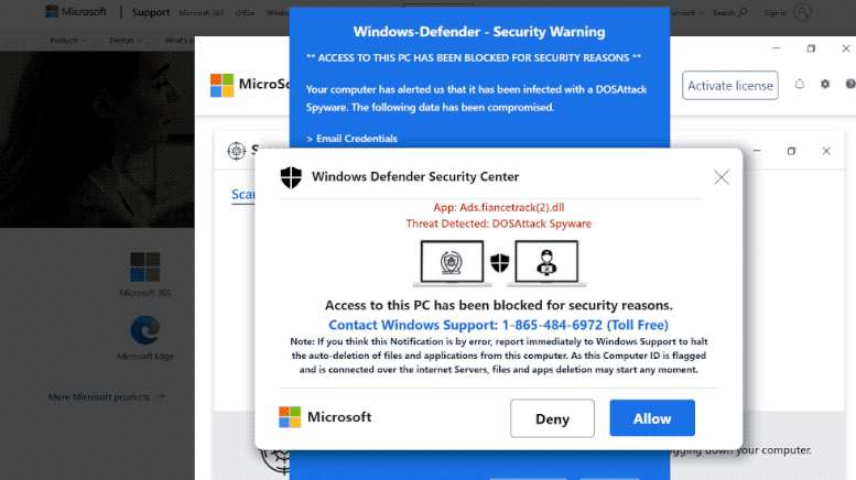 Windows Defender Security Center pop-up scam screenshot.