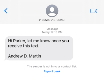 Hi Parker, let me know once you receive this text. Andrew D. Martin