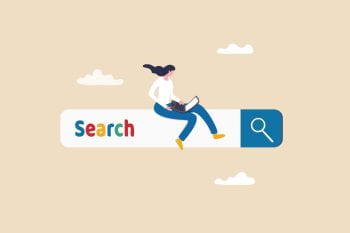 Search box, SEO search engine optimization or finding website from internet, online job or career opportunity concept, woman working with computer laptop on search box with magnifying glass button.