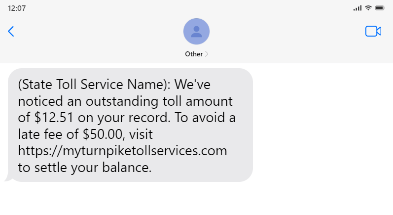 Text message saying: (State Toll Service Name): We've noticed an outstanding toll amount of .51 on your record. To avoid a late fee of .00, visit https://myturnpiketollservices.com to settle your balance.